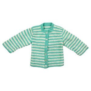 Vintage Sweater Infant Infant Girl Crochet Cardigan Teal White Stripe 3-6 Months
